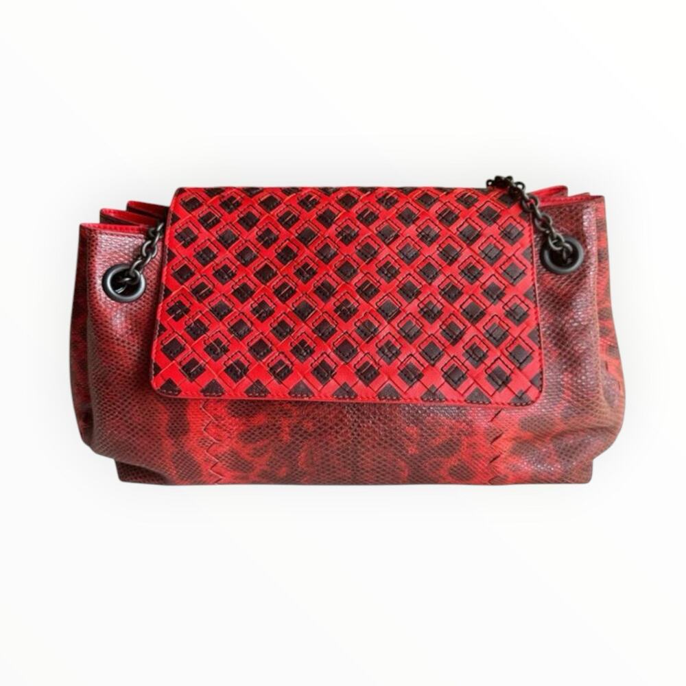 Python Leather Red Shoulder Bag With Chain Strap - Picture 8 of 12